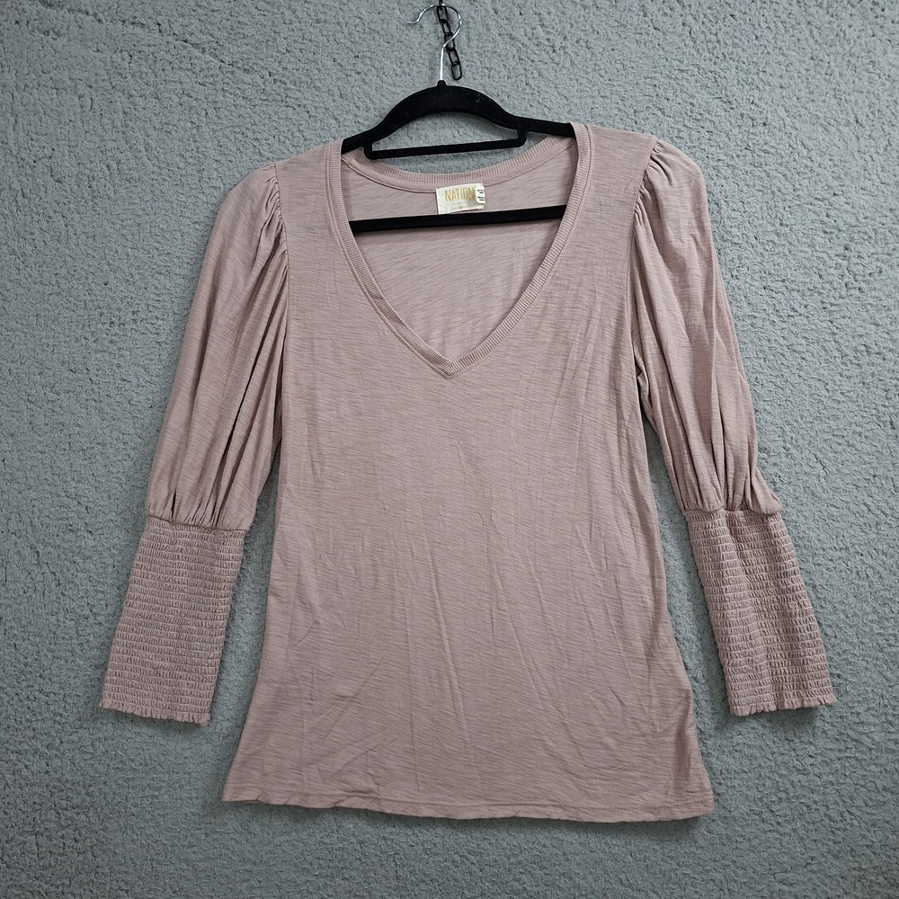 Nation Ltd Loraine V-Neck Smocked Puff Sleeve Tee in Dusty Pink Size S Preppy